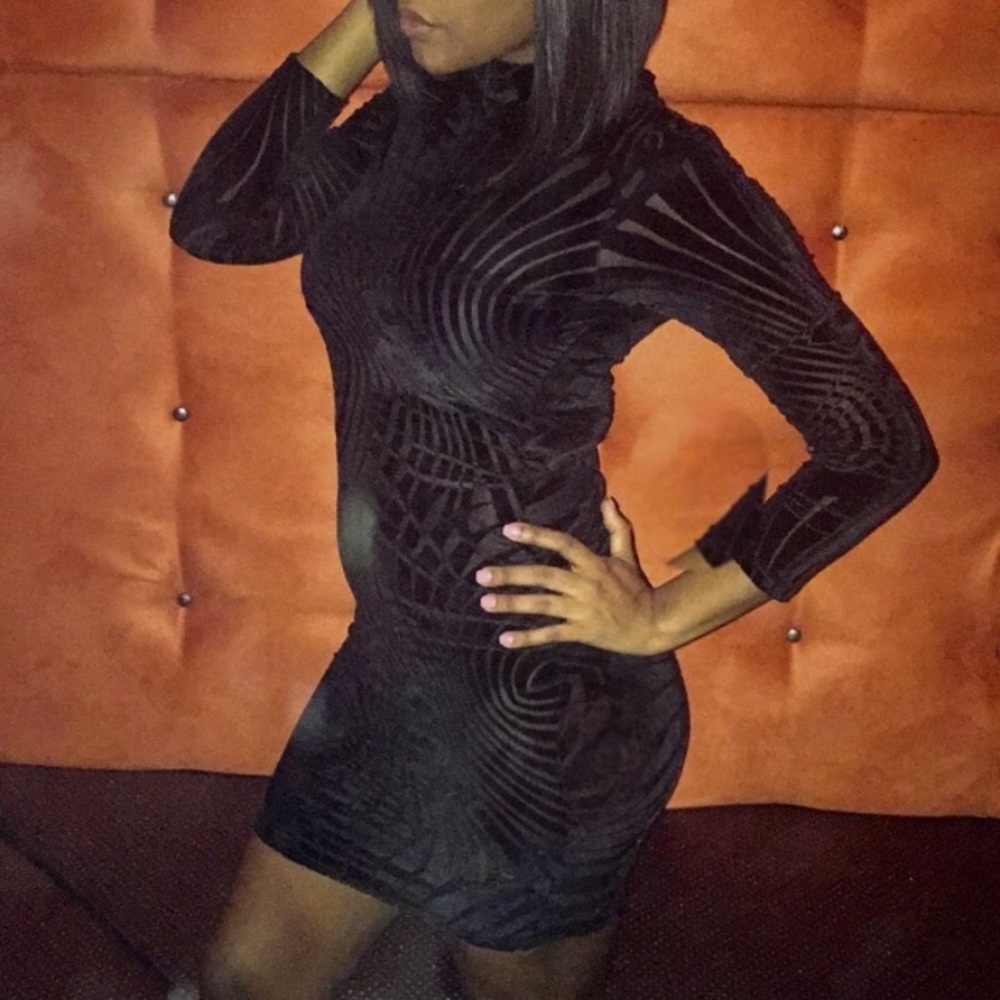 Abstract velvet mesh print long sleeve dress